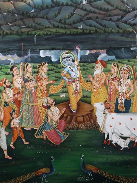   Kṛṣṇa Lifting Govardhana - A Symphony of Devotion and Divine Power Captured on Paper!